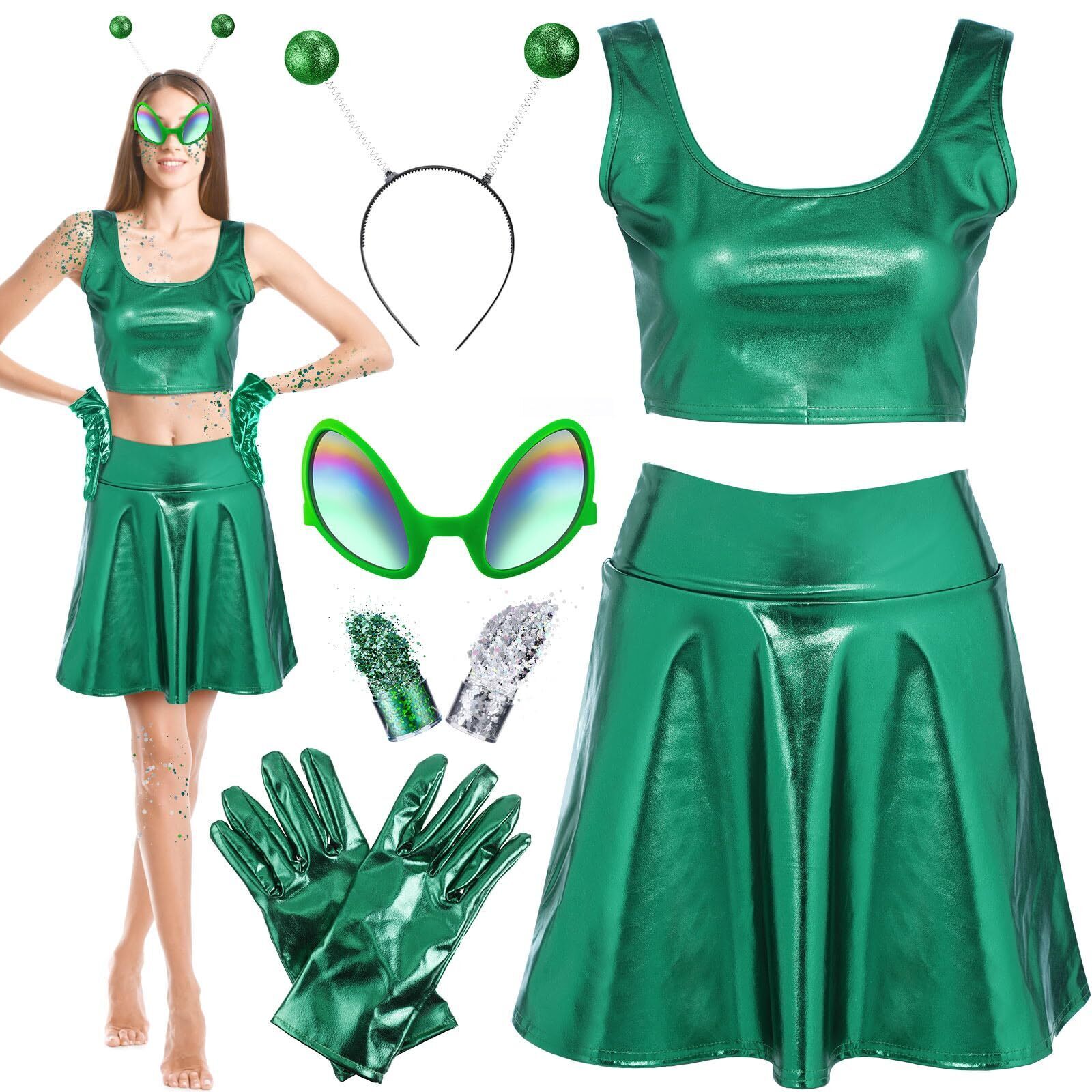 9539 7 Pcs Halloween Alien Costume For Alien Metallic Outfit